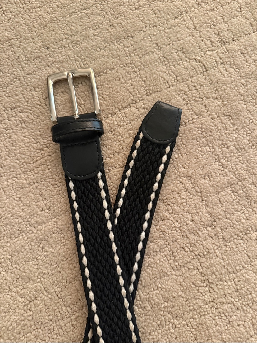 Black Woven Elastic Belt with White Braided Trim